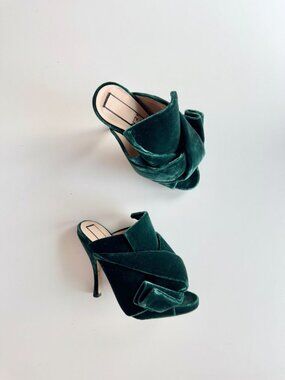 NWOB N.21 Dark Green Velvet Bow Knotted Peep Toe High Heel Mules, Size 36
